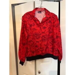 Vintage 80s Red Black Abstract Print Blouse Size M — Made in USA Polyester RN160